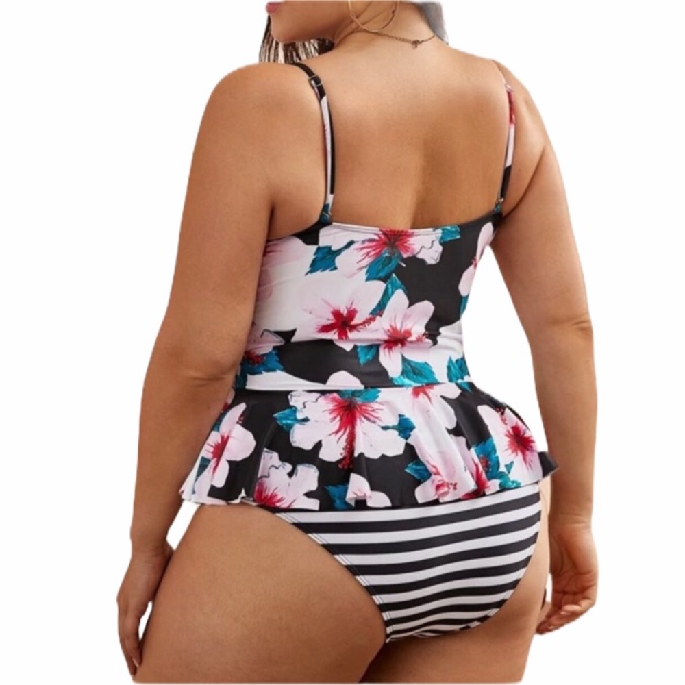 PLUS floral print top stripe tankini bathing suit - Picture 2 of 4